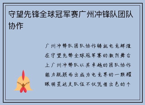 守望先锋全球冠军赛广州冲锋队团队协作
